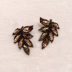 Bronze Sequin Beaded Leaf Statement Earrings Copper Metallic Botanical Studs‎